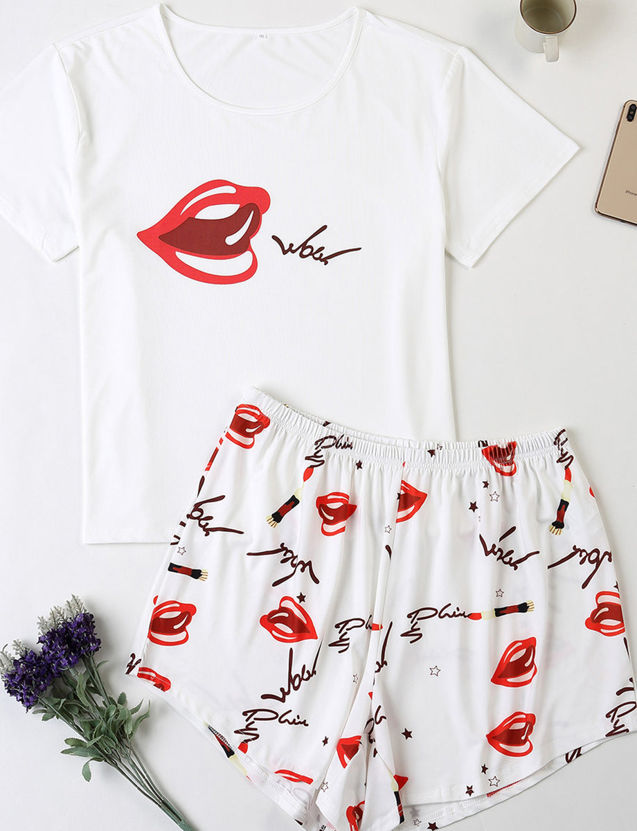 Cotton Lips Printed Women'S Plus Size Pajamas Set – vianahos
