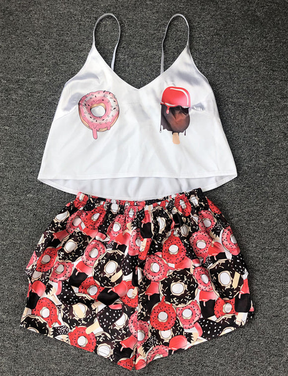 Sexy Satin Pattern Cami Shorts Pajamas Set For Women